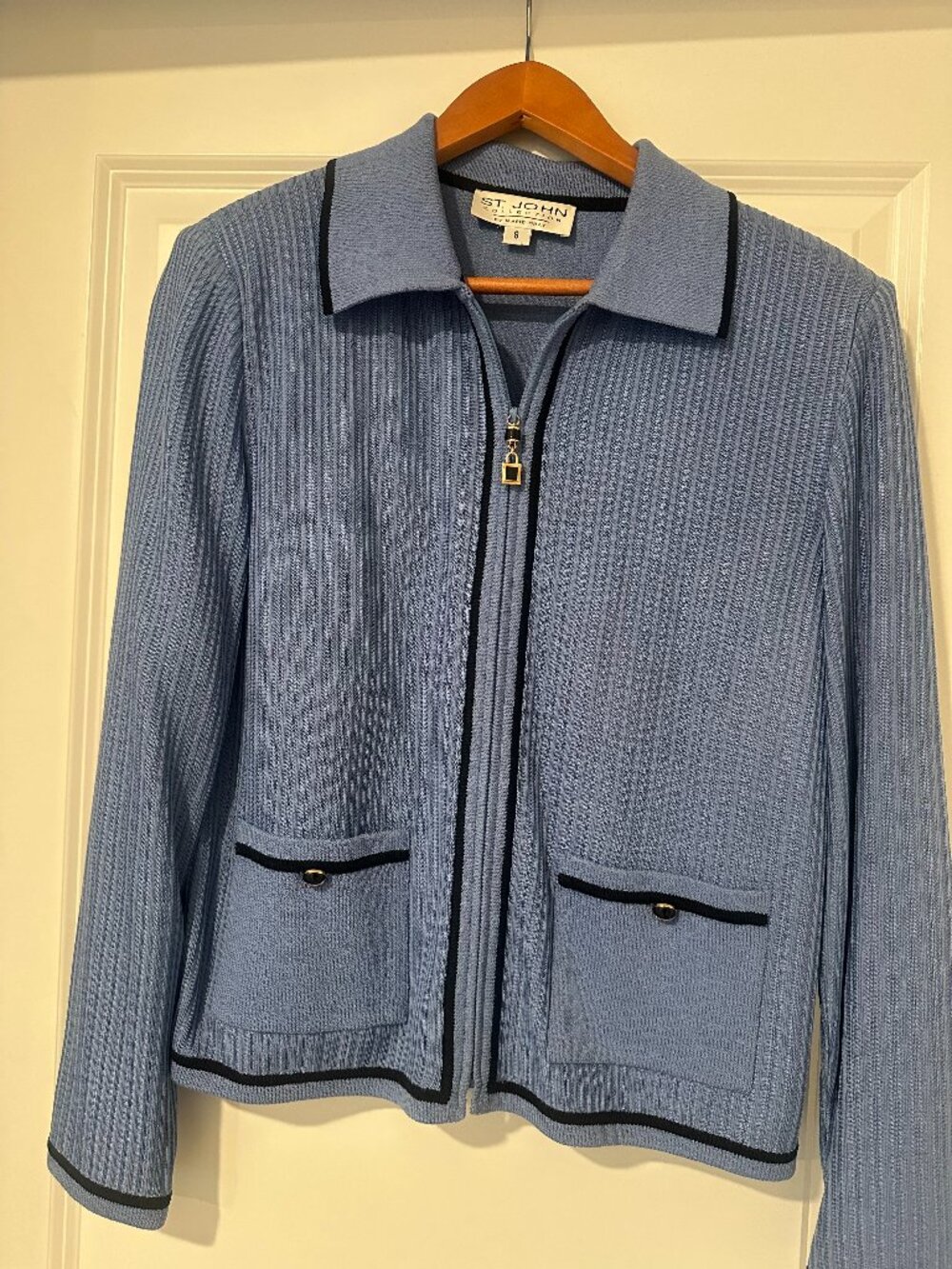St. John Collections Marie Gray Blue Ribbed Knit Zip Jacket Size 8